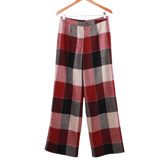 Yihua Burgundy Plaid Wool Blend Wide Leg Vintage Trousers - Picture 15 of 16